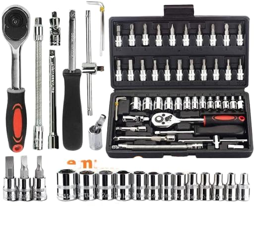 SK Tool Kit 46-Piece 1/4-inch Screwdriver Drive Socket Wrench Set Ratchet Mechanic Tools Kit Bit Sockets with Extension Bar for Automotive Repair& Household, Metric with Storage GRE-P126-image-46