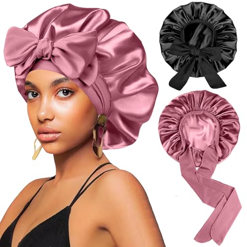 2Pcs Silk Hair Satin Bonnet for Sleeping Women,Large Satin Sleep Bonnets for Women with Elastic Tie...