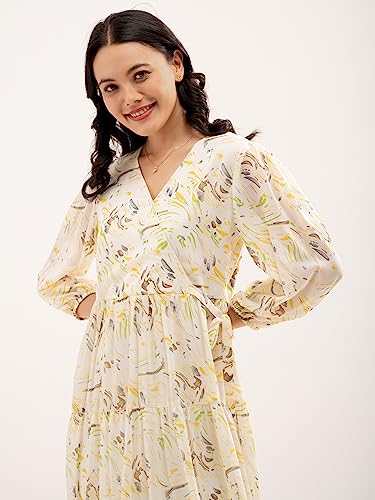 Image of AASK Abstract Printed Puff Sleeve Gathered Detailed Fit Flare Dress