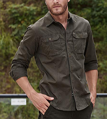 Flygo Mens Cotton Regular Fit Shirt Long Sleeve Button Down Double Pocket Dress Shirt3