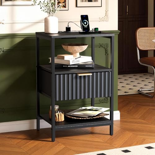 Image of Bonnlo Fluted Nightstand Set of 2, End Table with Fabric Drawer with Charging Station, Night Stand with Storage Shelf & Handle, Fluted Side Table for Bedroom /Living Room,Black
