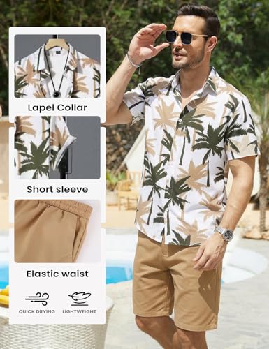Image of Yimoon Men's Summer 2 Piece Outfits Tropical Print Short Sleeve Button Down Hawaiian Beach Shirt and Shorts Set