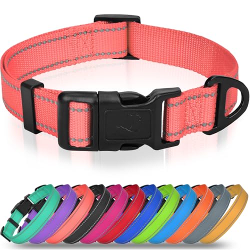 Joytale Dog Collar for Large Dogs, Strong Double-Sided Reflective Nylon Collar for Night Safety, Adjustable Quick-Release for Daily Walking, Pink, L (1" Width)