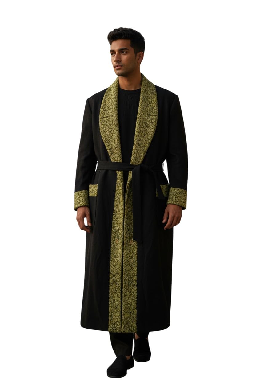 Men Woolen Nightgown Dressing Gown Sleep And Lounge Wear With Kashmiri Charming Embroidery Free Size (1, Black-11)