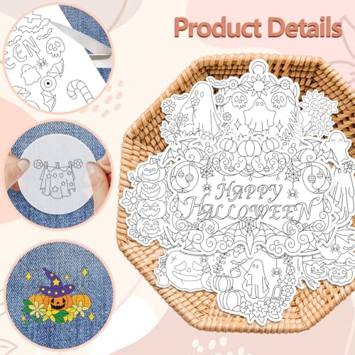 Image of Peacoblue Water Soluble Embroidery Patterns for Beginners, Halloween Ghost Face and Pumpkin 4 Sheets with 25pcs, Wash Away Embroidery Pattern Stabilizer for Hand Sewing Lover Women Adults