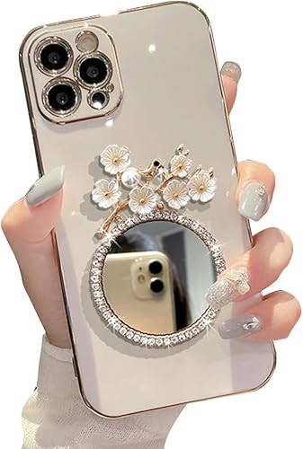 Miniatura 6 de Casechics Funda compatible con iPhone, espejo de diamante con purpurina, maquillaje con flores brillantes, galvanizado floral, protección de lente