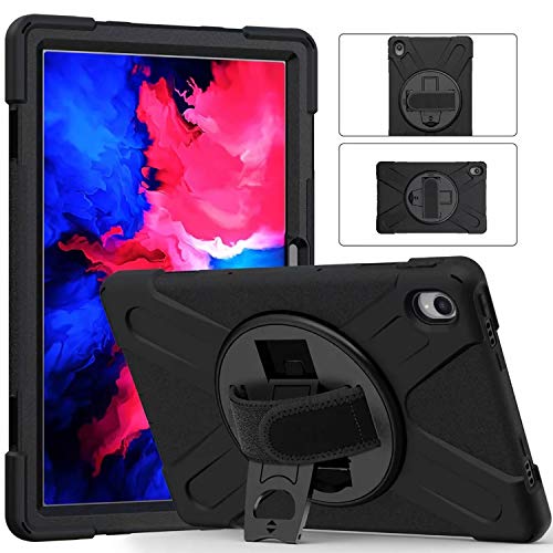 【E-COAST】NEC LAVIE T11 T1175/BAS(TAB11/201)11インチ/Lenovo Tab P11 TB-J606F/Lenovo Xiaoxin Pad 11 専用ケース スタンド可能 ハンドストラップ付 ショルダーストラップ付 耐衝撃 液晶保護フィルム一枚付 (ブラック)