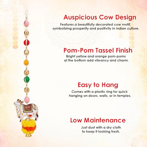 Image of Akaar Decor Pichwai Cow Hanging Set of 2 | Traditional Kamdhenu Cow Door Hanging with Multicolor Beads & Pom Pom Tassels | Festive Wall Decor for Diwali, Pooja Room, Temple & Home Entrance