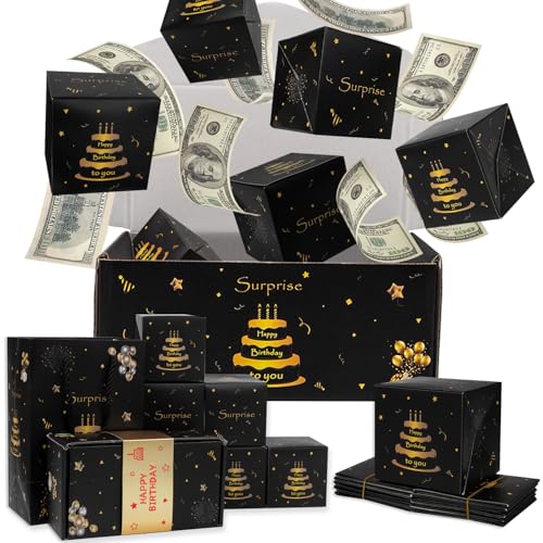 Happy Birthday Surprise Explosion für Geld Pop-Up-Explosionsbox Hüpfende Geschenktüte für Kinder Jungen Männer Vater Ehemann (Schwarzgold 12 Hüpfboxen)