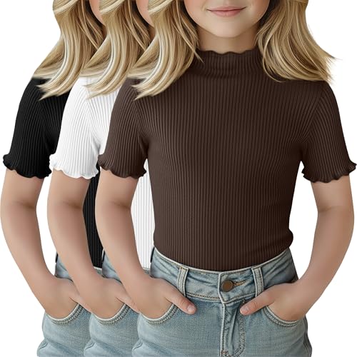 LessonZoo 3 Pack Girls Shirts Short Sleeve Mock Turtleneck Cotton Cute Lettuce Trim Summer Tops 5-14Y Kids Clothes(Black White Brown 5-6 Years)