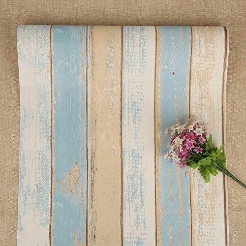 FENTIS Wood Panel Wallpaper for Kitchen Peel and Stick Wallpaper for Bathroom Brown and Blue Self Adhesive Contact Paper for Walls Living Room 44.5x500cm Furniture Sticker for Door Worktop