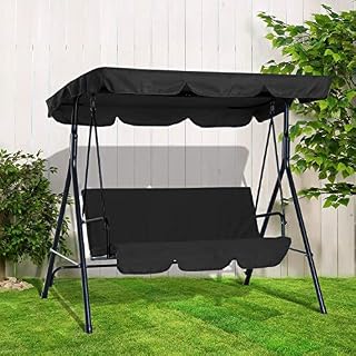 NEW 3 SEATER GARDEN SWING CHAIR SEAT HAMMOCK SWINGING METAL TERRACE SHADE SUN PROTECTION CANOPY BENCH | THICK PADDED CUSHION | WATERPROOF OUTDOOR GARDEN | ADJUSTABLE CANOPY (Black)