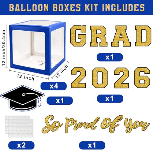 Image of Graduation Decorations Class of 2026 - Blue and Gold Balloons Boxes with Letters 2026 GRAD So Proud of You - Complete Party Supplies for High School & College Celebrations