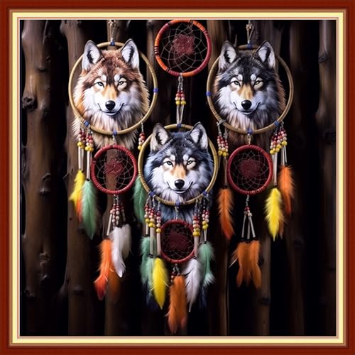 Image of Disxvivy Cross Stitch Stamped Full Embroidery Kits DIY 11CT Cotton Thread Printed DIY Needlepoint Kits Craft Needlework Set Cross-Stitch Stamped Sets-Wolf Wind Chime 18x18 inch