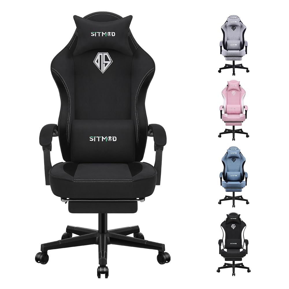 SITMOD Sedia da gioco,con poggiapiedi, sedia per PC con poggiatesta e cuscino lombare, girevole a 360 gradi, in tessuto regolabile in altezza(NERO)