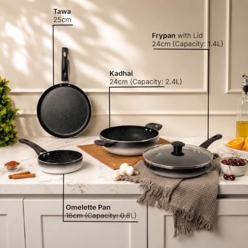 Image of Kreme Aura Granite Non Stick Cookware Set 7pcs | Aluminium Cookware Set | Non Stick Flat Tawa, Fry Pan, Sauce Pan, Kadhai with Glass Lid | Uses Less Oil | Induction Gas Stove Compatible, Ivory