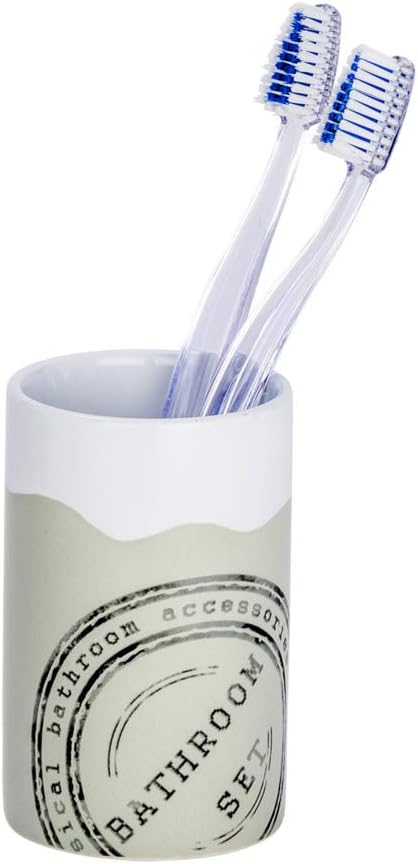 WENKO "Bathroom Ceramic Toothbrush Tumbler, White/Beige