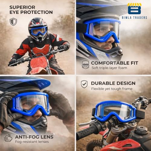 Image of Premium Adult Motocross Dirt Bike Racing, Cycling Goggles - Transparent Lens, Adjustable Strap with Extra Back Padding for Comfort