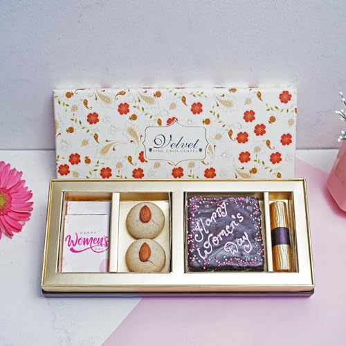 Image of Velvet Fine Chocolates Gift Hamper Woman's day confections-2 chocolate bars, 2 nankhatai, chocolate brownie (80 gms), 1 fruit and nut chocolate log