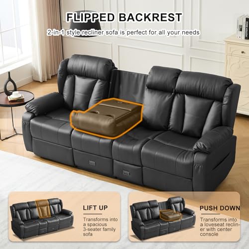 Image of Loveseat Recliner Sofa,3 Seater RV Recliner Couch, Manual Reclining Loveseat with Console for Living Room, Home Theater Seating with AC /USB C /USB and Drawer (Black, 3 Seater + Console)
