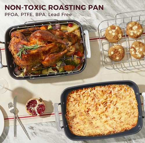 Image of HONGBAKE Roasting Pan with Rack, 17.6x11 Inch Nonstick Roaster Pan for 17 lb Turkey, Chicken and Lasagna, Deep Turkey Pan for Oven, Heavy Duty Oven Roaster Tray, Wider Handles, Gray