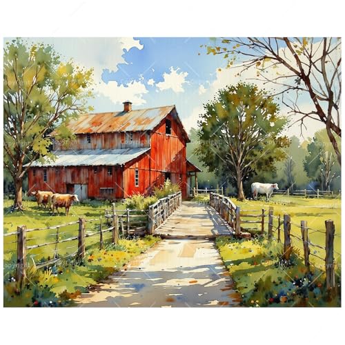 TAOPAOLAB Farm Life Paint by Numbers Kit for Adults - DIY Cattle and Red Barn Landscape Painting on Canvas 16x20 Inches, Acrylic Paint Set, Suitable for Beginners, Art for Home Decoration or Gifts