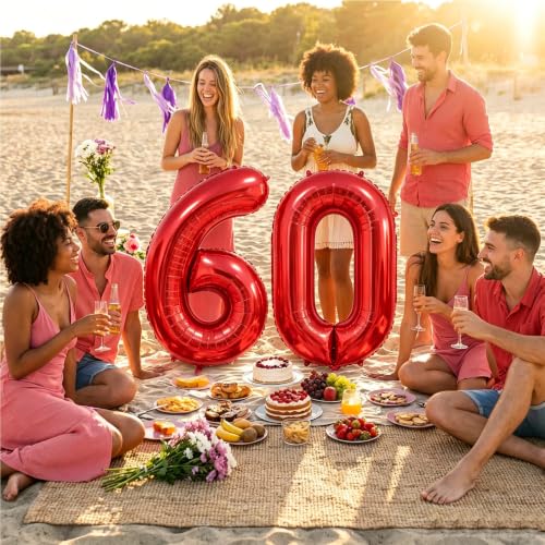 Image of Number Balloons Red Party Balloon - 40 Inch Large Number 60 Balloon, Numbers Balloon Birthday Decorations, Red Party Supplies for Anniversary