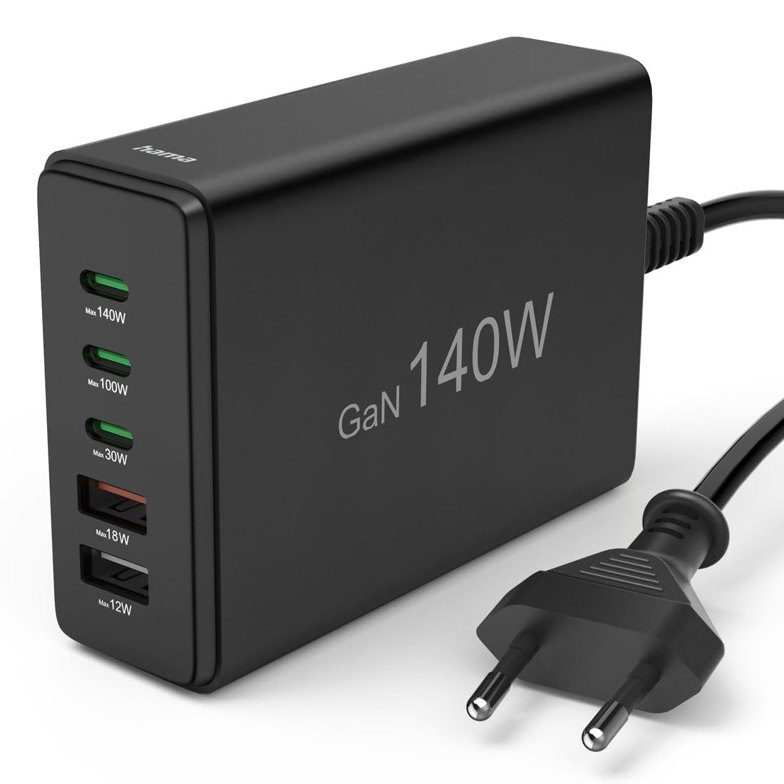 Ładowarka Stacja Ładująca Hama 140W z Technologią USB GaN, z 3 Portami USB-C i 2 Portami USB-A, Obsługa Power Delivery i QuickCharge, Czarna