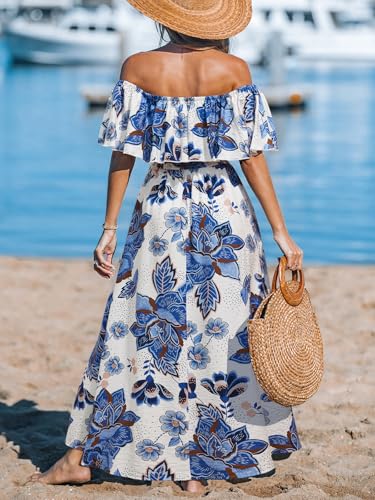 Image of CUPSHE Women Ruffle Floral Maxi Summer Dress Off Shoulder Short Sleeve Backless Flounce Bodice Slit Hem Beach Dresses