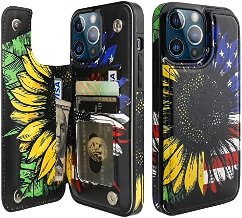 HAOPINSH Compatible with iPhone 13 Pro Max Wallet Case with Card Holder, American Flag Sunflowers Pattern Back Flip PU Leather Kickstand Card Slots Case, Double Magnetic Clasp Shockproof Cover 6.7"