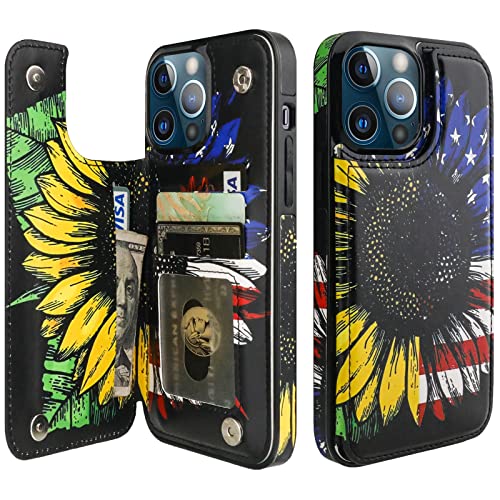 Image of HAOPINSH Compatible with iPhone 13 Pro Max Wallet Case with Card Holder, American Flag Sunflowers Pattern Back Flip PU Leather Kickstand Card Slots Case, Double Magnetic Clasp Cover 6.7 inch