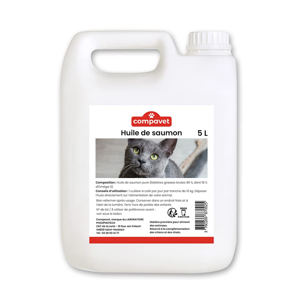 Huile DE Saumon 5 L - pour Chiens et Chats - Source d'Oméga 3 - Beauté du Pelage - Brillance des Poils - Santé de la Peau - Confort Cardio-vasculaire - Développé en France