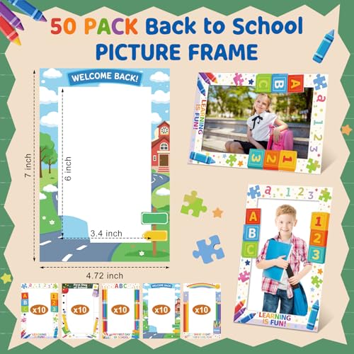 Image of AmazingSpark 50 Pack Back to School Paper Photo Frames Picture Frames, Classroom Theme Paper Photo Holders with Easel Back, 5 Designs for School Party Table Decorations