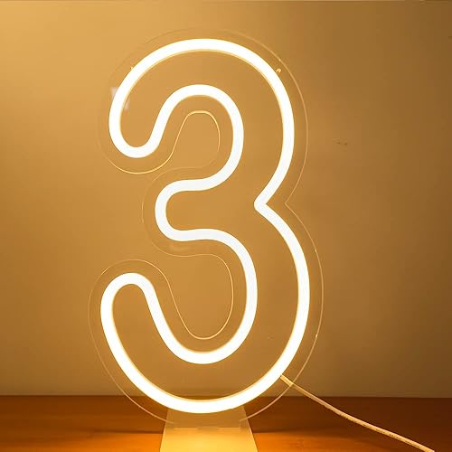 Miniatura 1 de Letrero de luz LED digital número 3 neón regulable USB Powerd Números DIY para todas las edades de fiesta, letrero luminoso de números de habitación