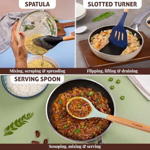Image of Fruitalite Silicone Spatula Set- 5 Pcs | Non-Stick Kitchen Utensils with Wooden Handle- BPA Free, Heat Resistant Set, Non Toxic Premium Cookware Tools for Cooking, Baking & Mixing- Midnight Blue
