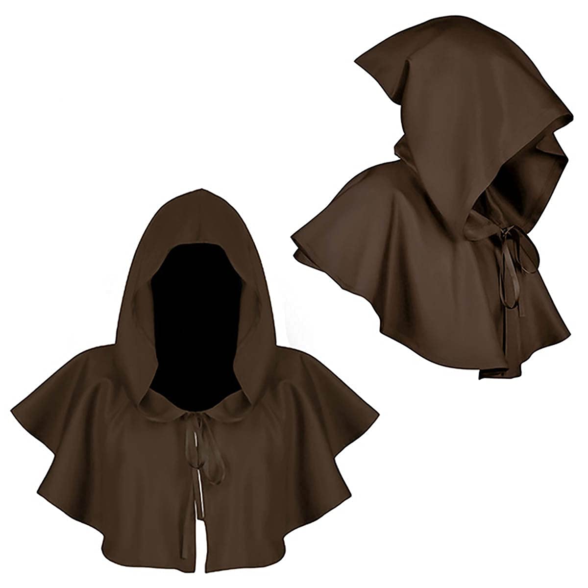Middeleeuwse Cape Wol in Zwart met grote Muts, 131 cm
