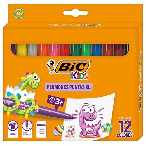 BIC Plumones Visa XL Plumones a Base de Agua Barril Redondo Punta Cónica Colores Intensos Washable Resistente a Caídas 12 Piezas