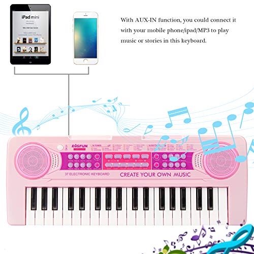 aPerfectLife Kids Keyboard Piano, 37 Keys Multi-Function Charging Electronic Educational Toy Organ for Kids Toddlers Children with Microphone (Pink)