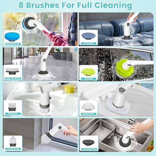 Image of Electric Spin Scrubber, Cordless Spin Scrubber IPX7 Waterproof with 7 Replaceable Cleaner Brush Heads and Adjustable Extension Handle, Power Cleaning Brush for Bathtub Tile Floor