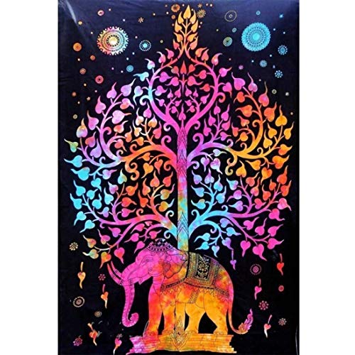 Indian Handicrafts Export Psychedelic Tie Dye Tapestry Elephant Tree Tapestry Wall Hanging Dorm Decor Boho Tapestry Hippie Tapestry Bohemian Bedspread Bedding Bed Cover Beach Coverlet Curtain Multi