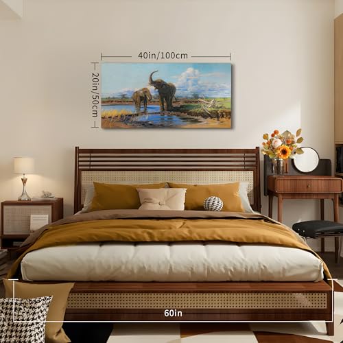 SERIMINO Landscape Large Wall Art Vintage Decor, Grassland Animal Wall Decor, Elephants at a Waterhole Canvas Prints Paintings, Nature Aesthetic Pictures Home Decor Living Room Bedroom Office 20x40 Inch