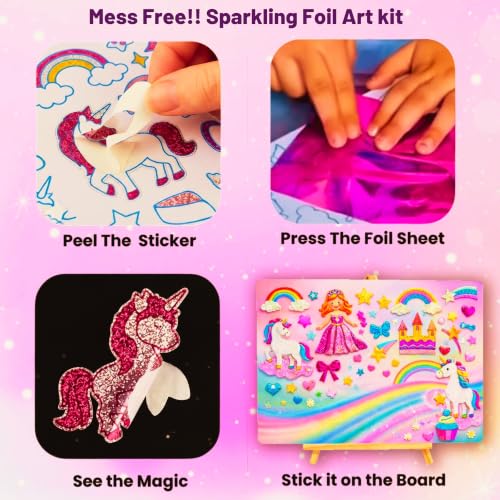 Image of TOYJOS Unicorn & Princess Foil Art and Craft Kit for Kids | No Mess No Glue DIY Activity | 220+ Pieces with Large Canvas | Screen-Free Creative Toy | Birthday Gift & Travel Toy for Girls Boys Ages 4 5 6 7 8 9