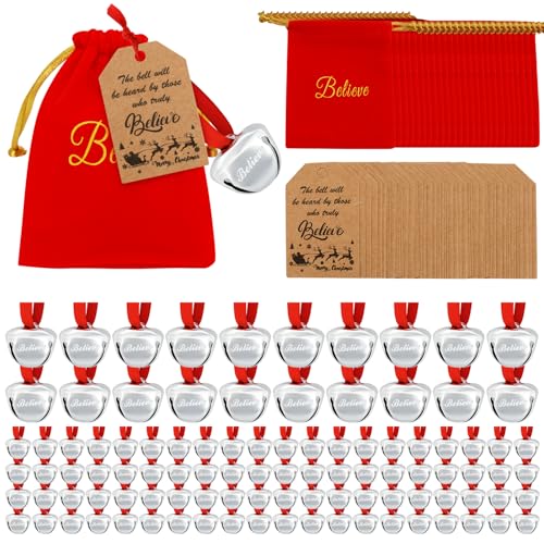 100Pcs Christmas Believe Bell Ornaments Sliver Bell Santa Gifts Bulk Xmas Ornament with Tags Red Velvet Bag Christmas Movie Party Favors for Xmas Party Tree Decorations