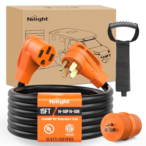 Image of Nilight 15FT 50 Amp RV Extension Cord with Adapter 15Amp to 50Amp 250V Heavy Duty 6 /3+8 /1 Gauge Pure Copper STW Wire UL ETL Listed 4 Prong 14-50P 14-50R Weatherproof Suit for Generators Camper