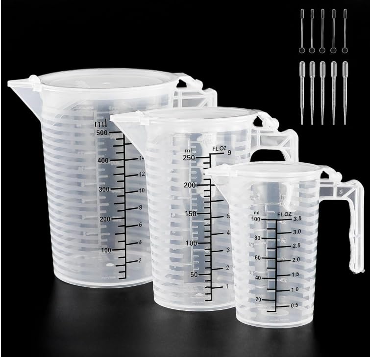 3 Pack 100ml 250ml 500ml Clear Plastic Measuring Cup with Lid 3 x 3ml Pipettes 3 Stirrers for Kitchen Baking