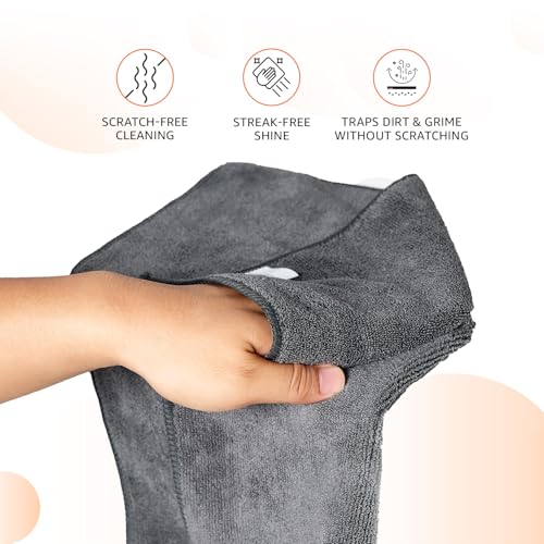 Image of Amazon Basics Pack of 4 Microfiber Cleaning Cloth | 350 GSM | Ultra Soft | Super Absorbent | Reusable | Grey | 40cm X 40cm