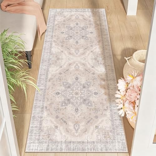 TTelephant 2x6 Runner Rug, Soft Non-Slip Vintage Medallion Rug, Low-Pile Bedroom Runner Rug Indoor Runners for Girls Room, Kids Room, Bedroom Bedside -Light Blush/Cream
