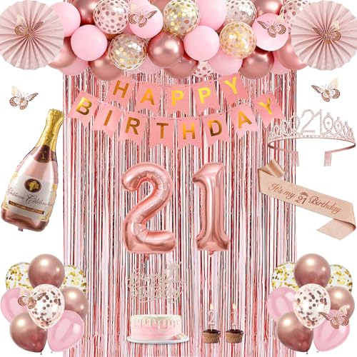 21st Birthday Decorations for Her Rose Gold Happy 21st Birthday Decorations for Girls 21 Sash and Crown Banner Fringe Curtains Hanging Paper Fans 21 Year Old Party Supplies Set