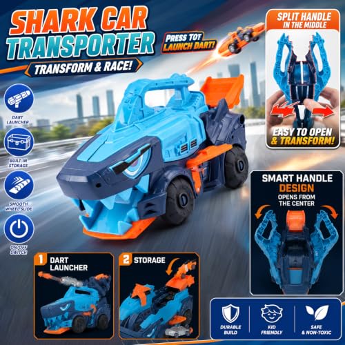 Image of WireScorts Big Hauler Mechanical Shark Truck Transporter Toy with Dart Launcher and 4 Mini Cars, Big Hauler Truck with Light & Sound for Boys & Girls 3+ Years