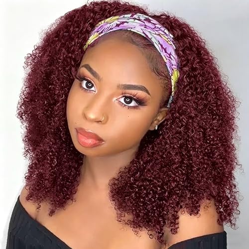 99J Burgundy Headband Wig Human Hair Kinky Curly Headband Wigs for Black Women Human Hair Burgundy Headband Wig Curly Human Hair Brazilian Virgin Hair Glueless Wig 150% Density 14 Inch